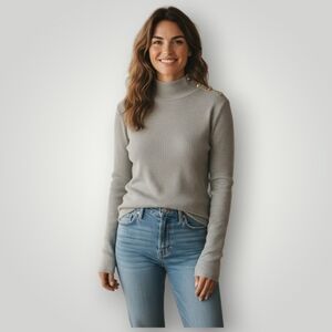 J.Crew Gold Button Ribbed‎ Turtleneck XL Gray Coastal Grandmother Quiet Luxu
